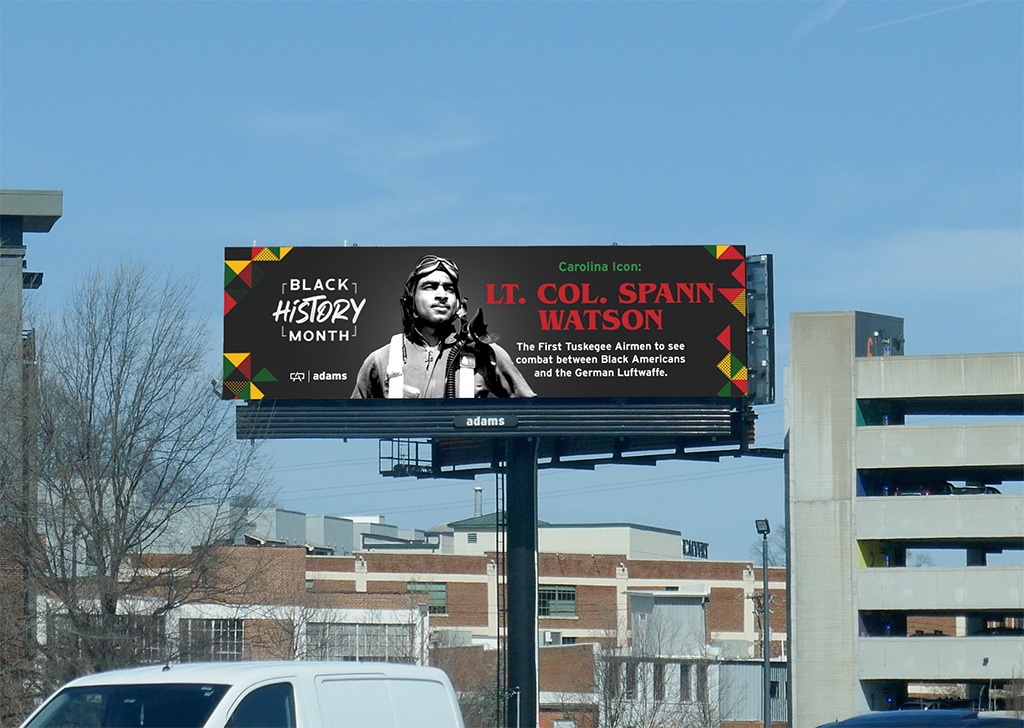 Lt. Col. Spann Watson featured on an Adams Outdoor digital billboard for Black History Month, honoring the Tuskegee Airman and World War II pilot.