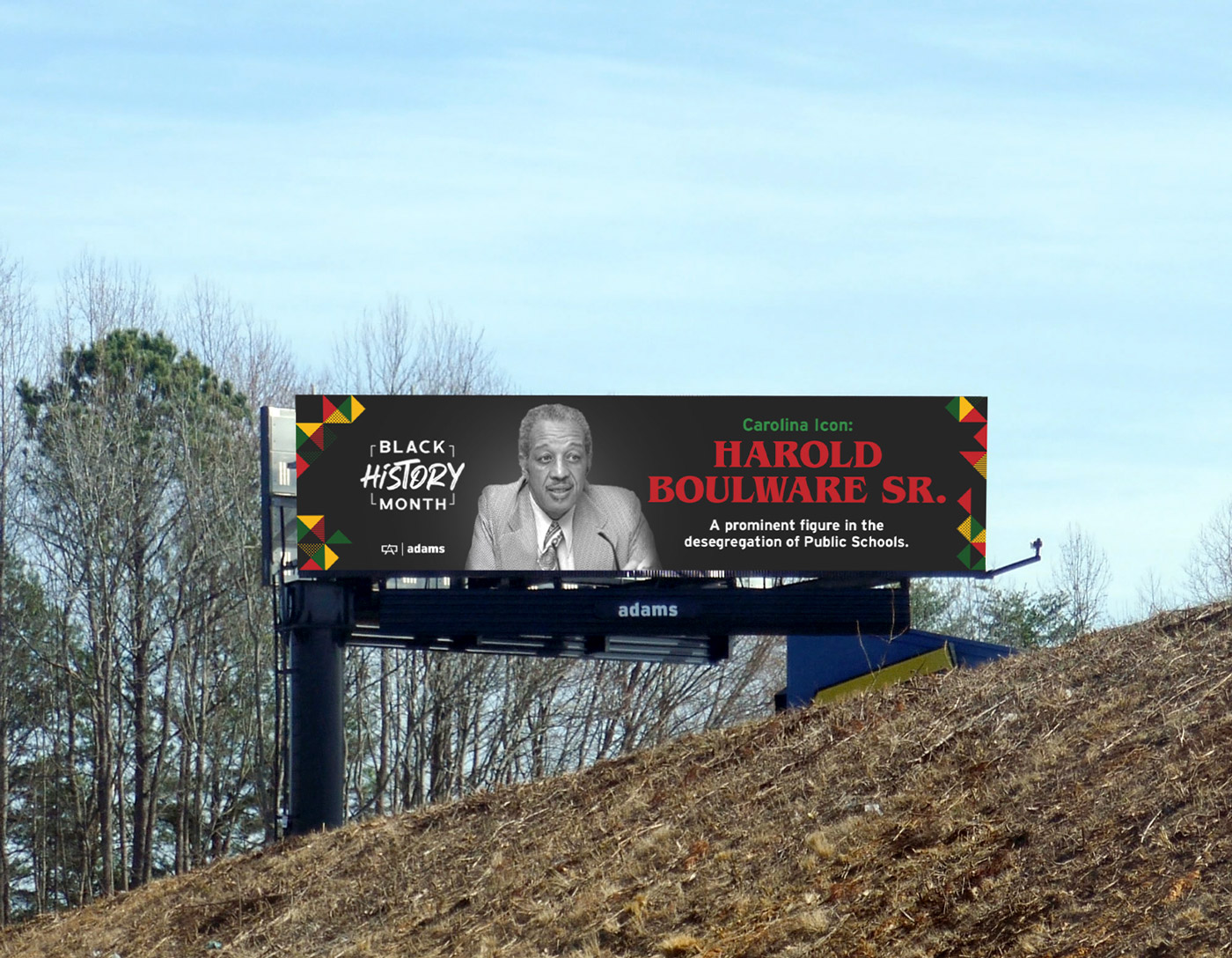 Harold R. Boulware Sr. featured on an Adams Outdoor digital billboard for Black History Month, honoring the civil rights attorney involved in Brown v. Board of Education.