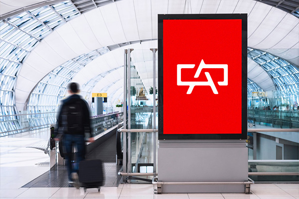 Adams Outdoor Advertising outdoor airports example featuring Adams logo over red.
